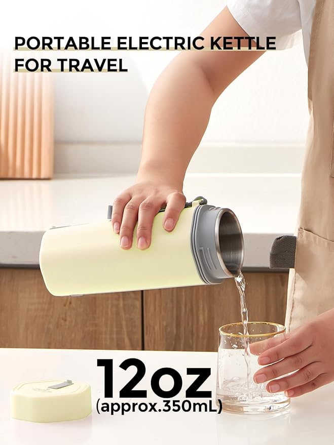 balbali Travel Kettle - 12oz Portable Electric Kettle for Boiling Water - Self Heating Cup/Thermos - Single Size Personal Tea Maker -Hot Water Boiler/Heater/Warmer - Yellow