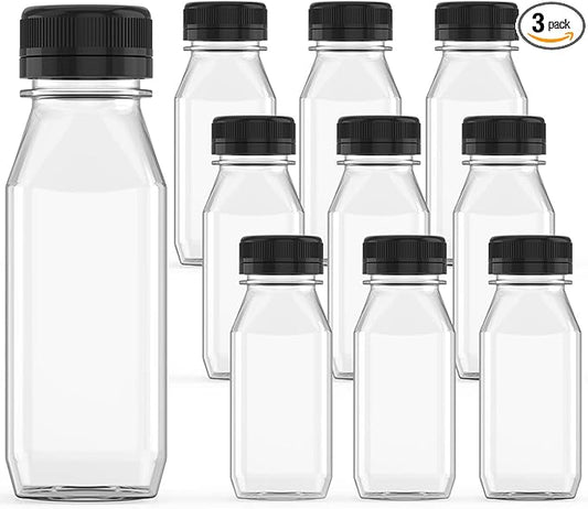3 Pcs 12 oz Plastic Juice Bottle Reusable Transparent Bulk Beverage Containers with Black Lids for Juice, Drinking Milkshake Tea, Milk, Juicing Smoothie Water and Other Beverages, Fridge Storage