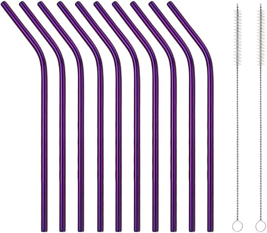 10 Pcs Stainless Steel Straws, Reusable Drinking Straws, Bent Metal Straw Sets with 2 Pcs Cleaning Brushes (Purple, 10.5 Inch)