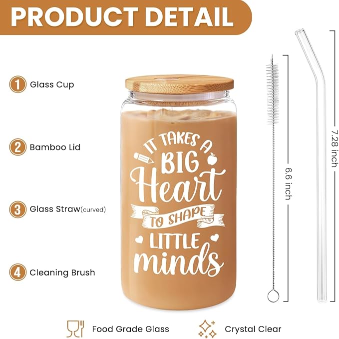 Teacher Gifts for Women - 16 Oz Can Glass Coffee Cup with Straws - Teacher Appreciation Gift for Women on Birthday Back To School