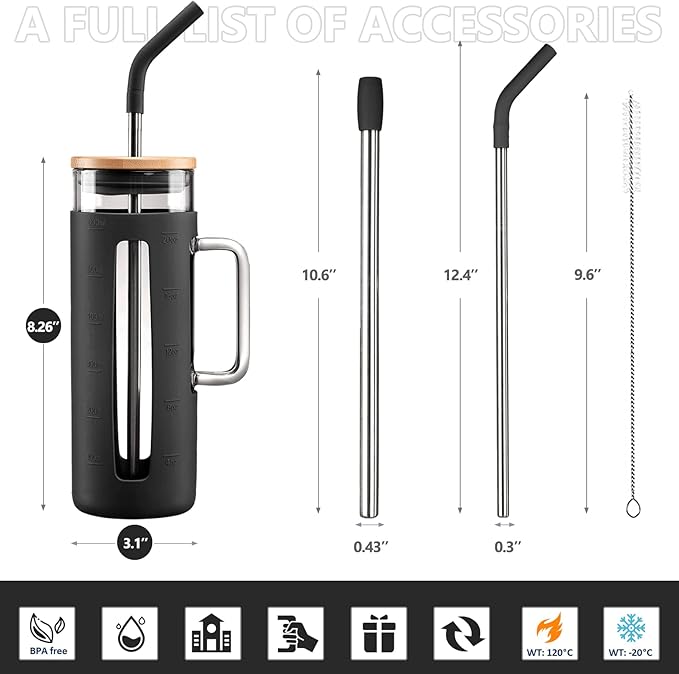 Kodrine Tumbler with Lid and Straw, 20 oz Glass Coffee Tumbler with Handle, Smoothie Cup with Bamboo Lid | Time Marker | Silicone Protective Sleeve, BPA Free - Black