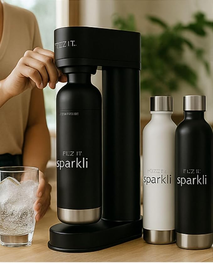 Fizzit Spärklï Carbonated Water Soda Maker with Stainless Steel Bottle Included,Dishwasher Safe (Sparkli-Black)