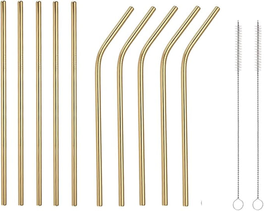 10 Pcs Stainless Steel Straws, Reusable Drinking Straws, 5 Straight + 5 Bent Metal Straws Set With 2 Pcs Cleaning Brushes (Gold, 8.5 Inch)