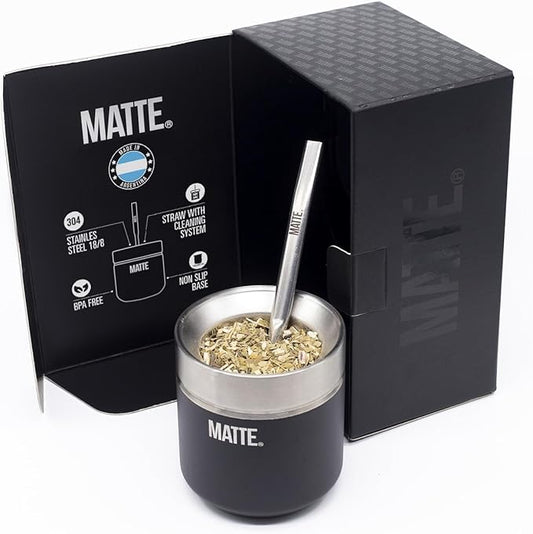 Matte 6.5 oz Yerba Mate Gourd and Bombilla Set - Includes DS Pro Box - BPA Free Yerba Mate Set Kit with Mate Straw, Elegant Design, Non-Slip Base (Black)