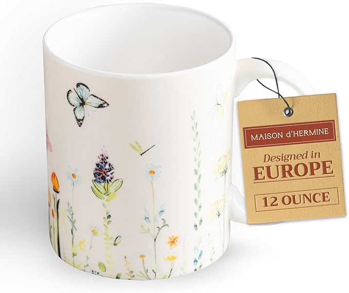 Maison d' Hermine Coffee Mug with Handles Fine Bone China Mugs Pack of One Tea Cups for Hot Beverages Cappuccino Latte Home Restaurant Office Perfect for Gift (Botanical Fresh - Meadow, 12 Ounce)