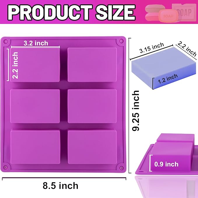 3 Pack Silicone Soap Molds, 6 Cavities Rectangle Silicone Mold, Great for Homemade Craft Soap Mold, Chocolate, Cake Molds ＆ Ice Cube Tray - Just Pop Out（Pink & Blue & Purple）