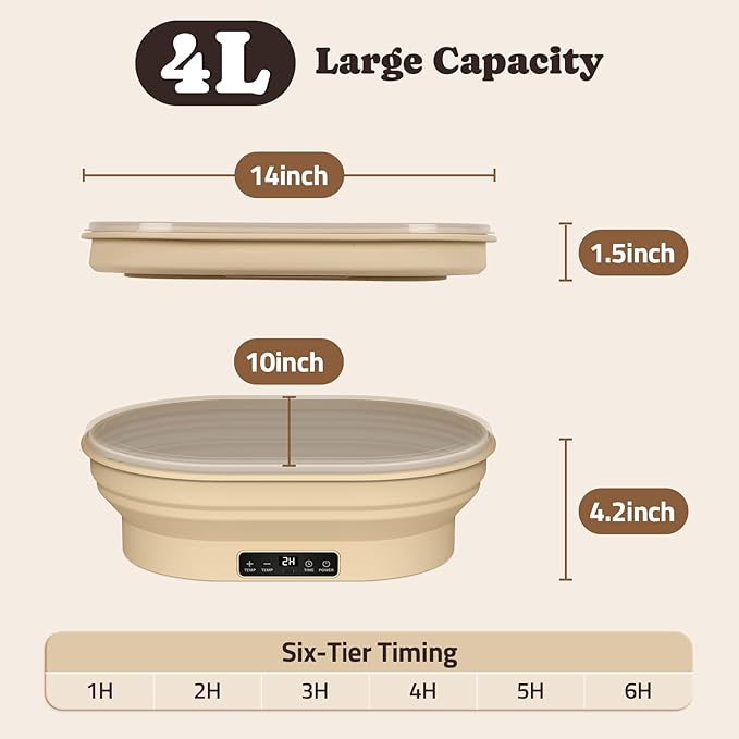 Heating Complete Sourdough Starter Kit, 4L Electric Thermostatic Silicone Oval Foldable Banneton Bread Proofing Basket with 6 Timer & Temp Settings for Dough Rising, Dishwasher Safe, Bread Making Kit