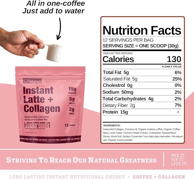 STRONG COFFEE COMPANY Instant Snickerdoodle Latte - 15g Protein, Instant Protein Coffee with Collagen, Adaptogens & Nootropics, No Crash, No Jitters, 12 Servings Bag