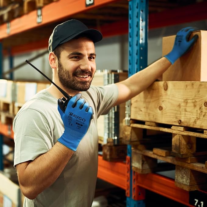 KAYGO Safety Work Gloves PU Coated-60 Pairs Seamless Knit Glove with Polyurethane Coated Smooth Grip on Palm & Fingers, for Men and Women, Ideal for General Duty Work, KG11P (L,Blue)