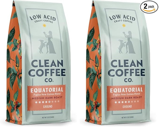 Clean Coffee Co. - Low Acid Medium-Dark Roast, Tested for Molds and Toxins, Papua New Guinea Blend, Notes of Milk Chocolate and Roasted Almonds (Ground, 12 oz Bag) (Pack of 2)