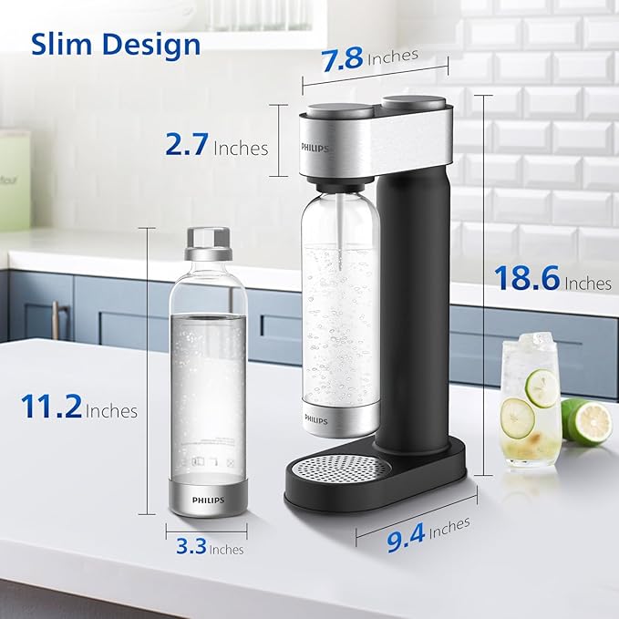 Philips Soda Streaming Machine, Stainless Sparkling Water Maker Easy Install with Quick Twist 1L PET Carbonating Bottle, Soda Maker Compatible with 60L CO2 Carbonator (NOT Included), ADD4902BKOQ/37