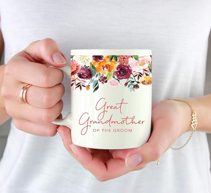 Andaz Press 11oz. Wedding Ceramic Coffee Tea Mug Gift, Fall Autumn Burgundy Orange Peach Flowers Roses Florals, Great Grandmother of the Groom, 1-Pack, Includes Gift Box