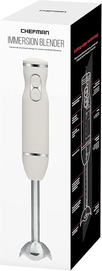 Chefman Immersion Stick Hand Blender with Stainless Steel Blades, Powerful Electric Ice Crushing 2-Speed Control Handheld Food Mixer, Purees, Smoothies, Shakes, Sauces & Soups, Ivory