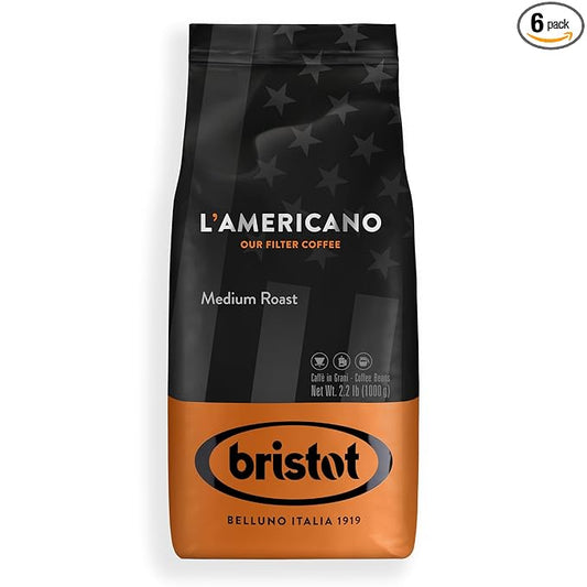 Bristot L‘americano Filter Coffee | Italian Coffee Beans | Medium Roast | Low Acid | 2.2lbs/1k - 6 Bags