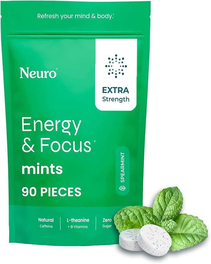 Neuro Energy & Focus Mints, Extra Strength - Sugar Free Breath Mints with 100mg Natural Caffeine, B Vitamins & L-Theanine - Vegan Brain Supplement for Exercise, Study & Daily Focus - Spearmint, 90 ct