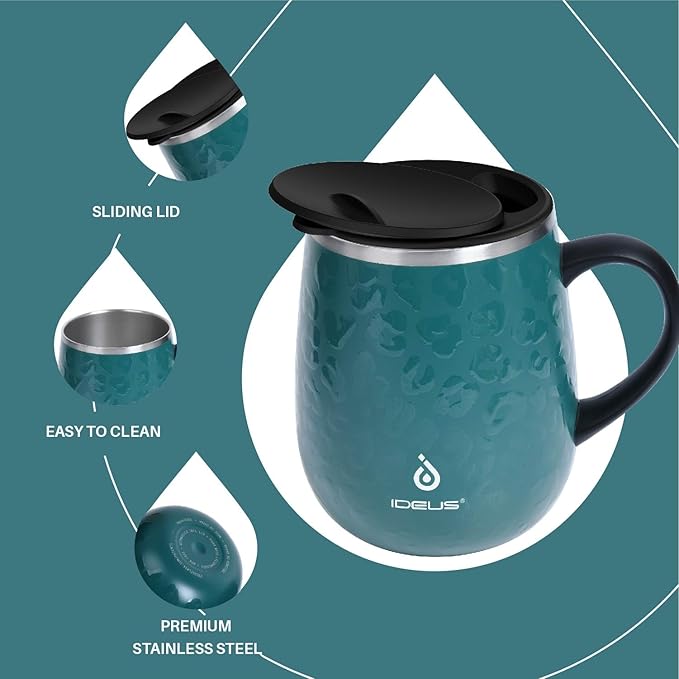 Ideus 16 oz (470 ml) Insulated Coffee Mug with Handle and Lid, Double Wall Stainless Steel Vacuum Thermal Coffee Mug, Travel Coffee Cup Thermal Cup for Home and Office, Leopard Green