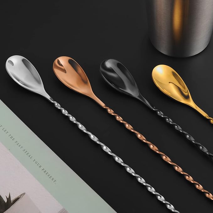 AnSaw Rose Gold 10-Inch Stainless Steel Cocktail Spoon with Leaf Handle - Perfect for Mixing & Layering Drinks in Tall Cups, Bar & Shakers - Durable Long Handle Bar Stirrer,2-Pieces