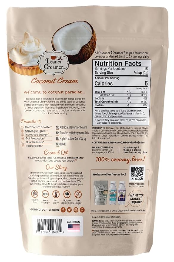 Leaner Creamer Coconut Creamer with Superfood Ingredients – Non-Dairy, Sugar-Free, Keto, Gluten-Free Powdered Coffee Creamer – Coconut Cream – 280g