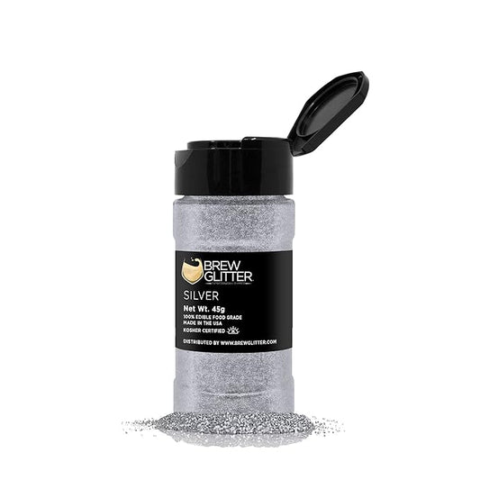 Silver BREW GLITTER Edible Glitter for Drinks, Cocktails, Beer, Garnish Glitter & Beverages | KOSHER & HALAL Certified | 100% Edible & Food Grade | Vegan, Gluten, Nut Free (45g Shaker, Silver)