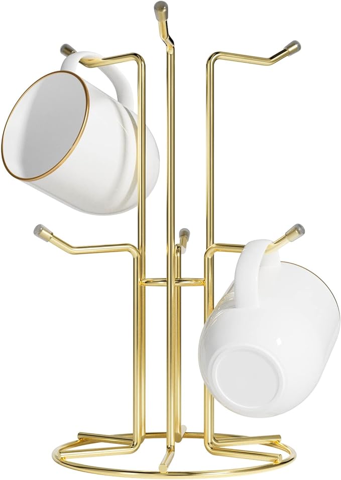 HULISEN Mug Holder for Large Cups, Mug Tree for Counter with 6 Hooks, Metal Coffee Mug Stand for Easy Pick, Place and Display, Coffee Bar Accessories and Decor, Free Standing Mug Rack, Gold
