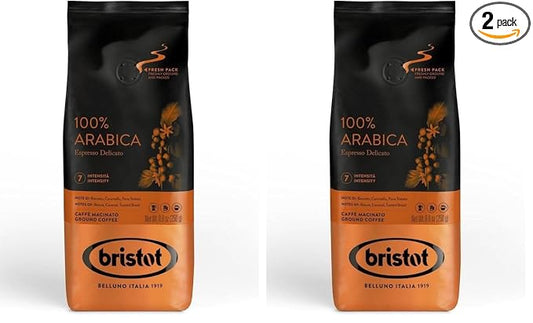 Bristot 100% Arabica Ground Coffee – Italian Espresso Delicato – Medium Roast – Ground Coffee for Moka Pot, French Press & Pour Over – 8.8oz (250g) (Pack of 2)