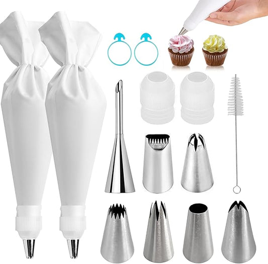 14-Piece Reusable Piping Bags and Tips Set- Cotton Baking Kit with Coupler, Stainless Steel Nozzles,Silicone Cable Ties& Cleaner for Cakes/Cupcakes/Cookies Decorating