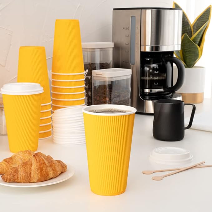 Restaurantware 16 Ounce Ripple Wall Disposable Coffee Cups, 500 Insulated Yellow Paper Tumblers with Rolled Rim Design, Lids Sold Separately for Hot Drinks like Tea, Hot Chocolate and More