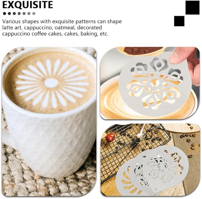 DOITOOL 6 Pcs Coffee Stencils Latte Art Stainless Steel Cappuccino Templates Coffee Templates for DIY Cupcake Mousse Hot Chocolate Milk Foam