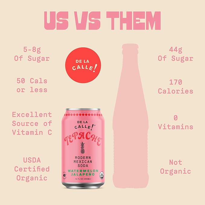 De La Calle Tepache - Watermelon Jalapeño - Modern Mexican Soda - Craft Fermented Pineapple Sparkling Beverage - Certified Organic, Antioxidant Rich, Non-Alcoholic, Healthy Soda, Low Sugar, Low Calorie, Non-GMO