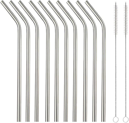 10 Pcs Stainless Steel Straws, Reusable Drinking Straws, Bent Metal Straw Sets with 2 Pcs Cleaning Brushes (Silver, 10.5 Inch)