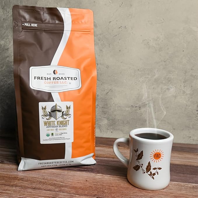 Fresh Roasted Coffee, Organic White Knight | USDA Organic, Kosher | Light Roast 5 lb (80 oz), Whole Bean