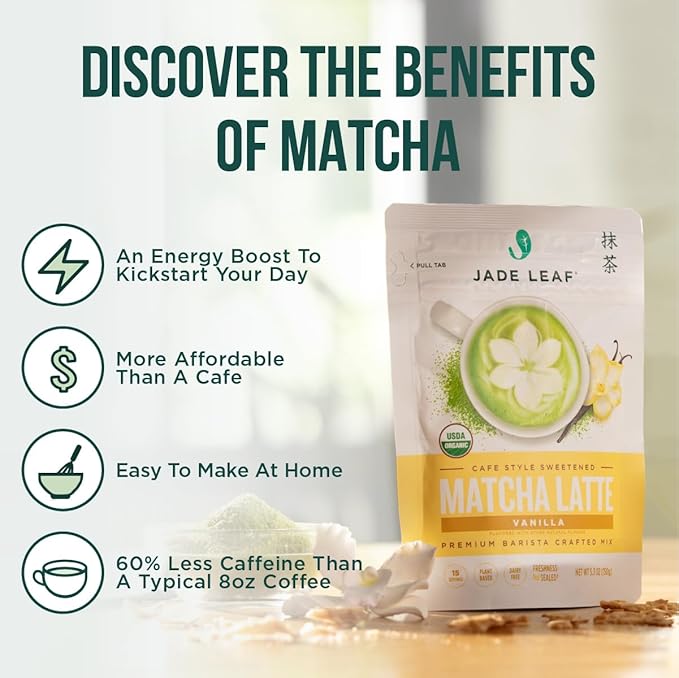 Jade Leaf Matcha Organic Premium Ceremonial Grade Matcha Green Tea Powder - Japanese - Culinary, Ingredient, Ceremonial Barista Teahouse, Latte, Collagen, 5.3 Ounce (Pack of 1), Vanilla Matcha Latte