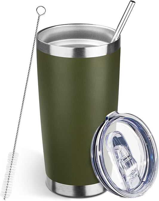 20oz Tumbler Bulk with Lid and Straw, Stainless Steel Double Wall Vacuum Insulated Travel Mug, Powder Coated Coffee Cups for Hot and Cold Drinks,Funny Gifts for Women Men(Navy Green,1)