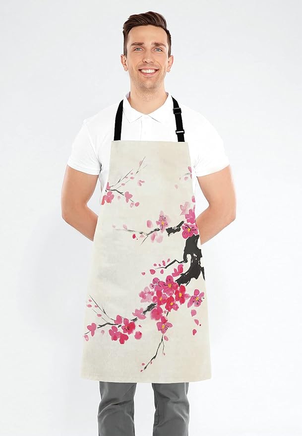 Japanese Cherry Bib Apron with Adjustable Neck for Men Women,Suitable for Home Kitchen Cooking Waitress Chef Grill Bistro Baking BBQ Apron