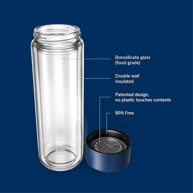 Glass Multi Tea Infuser Bottle 14oz - Double Wall Borosilicate Glass Flask | No Plastic Touches Contents | Perfect for Office or Home - Blue