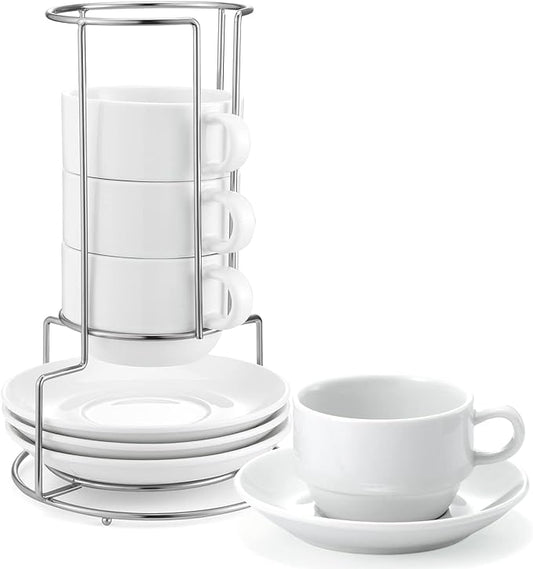 Yedio Porcelain 8 oz Coffee Cups with Saucers and Metal Stand, Porcelain Stackable Cappuccino Cups with Metal Stand, White, Set of 4