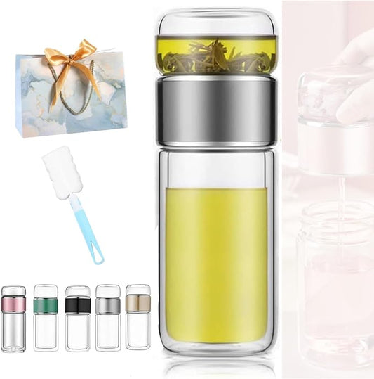 Tryteava Glass Infuser, Tryteava 3-in-1 Smart Tea Infuser, Portable Glass Double Wall Tea Infusers Bottle, with Stainless Steel Filter, Hot & Cold Brew, For Loose Leaf, Office Home (Silver, 350ml)
