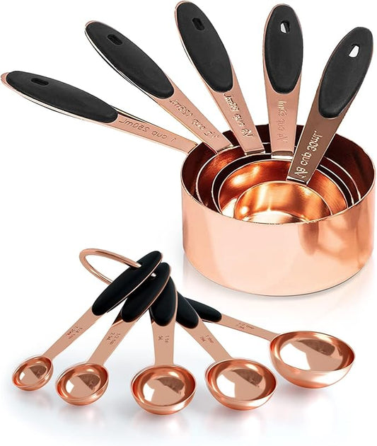 Joyhill Copper Measuring Cups and Spoons Set of 10 Piece, Stainless Steel Nesting Measuring Cup Set with Soft Touch Silicone Handles for Dry and Liquid Ingredients