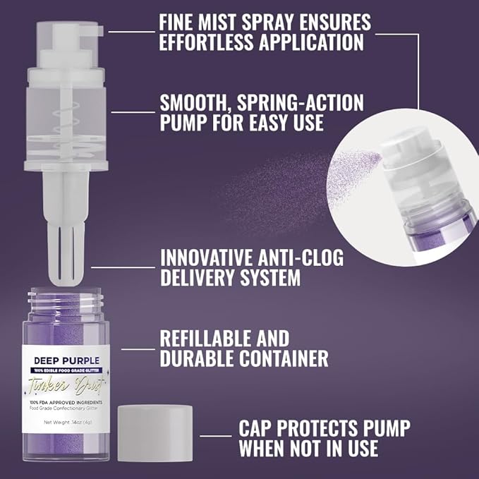 Bakell - Deep Purple Tinker Dust (4g, 1x Mini Spray Pump) Edible Glitter for Food, Desserts, and Beverages!