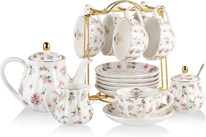 Porcelain Tea Sets British Royal Series, 8 OZ Cups & Saucer Service for 6, with Teapot Sugar Bowl Cream Pitcher Teaspoons and Tea Strainer, Suitable for High Tea, Wedding, Party（Spring Flowers）