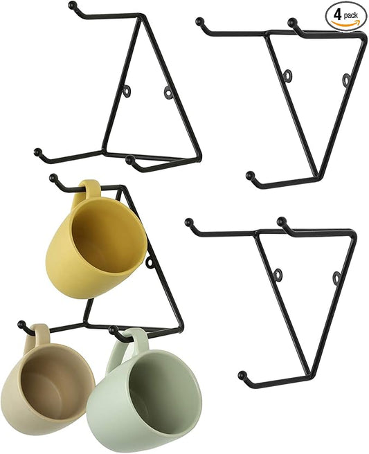 MyGift Matte Black Metal Triangular Coffee Mug Holder Wall Mount Display Rack Mug Organizer with 3 Hooks, Set of 4