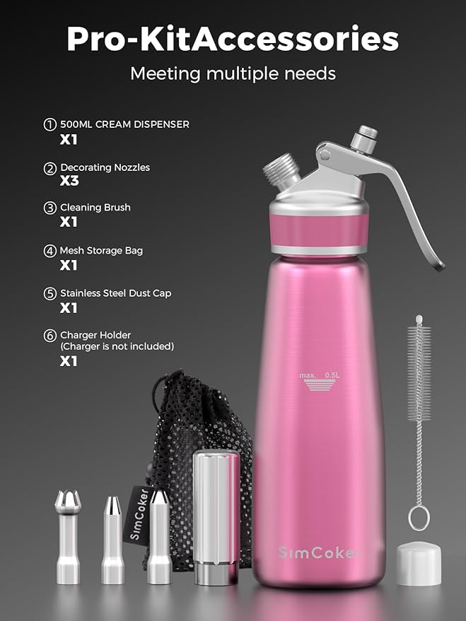 Whipped Cream Dispenser,Aluminum Cream Whipper 500mL/1 Pint,3 Decorating Nozzles,1 Brush, 1 Storage Bag,Homemade Whipped Cream Maker,Pink