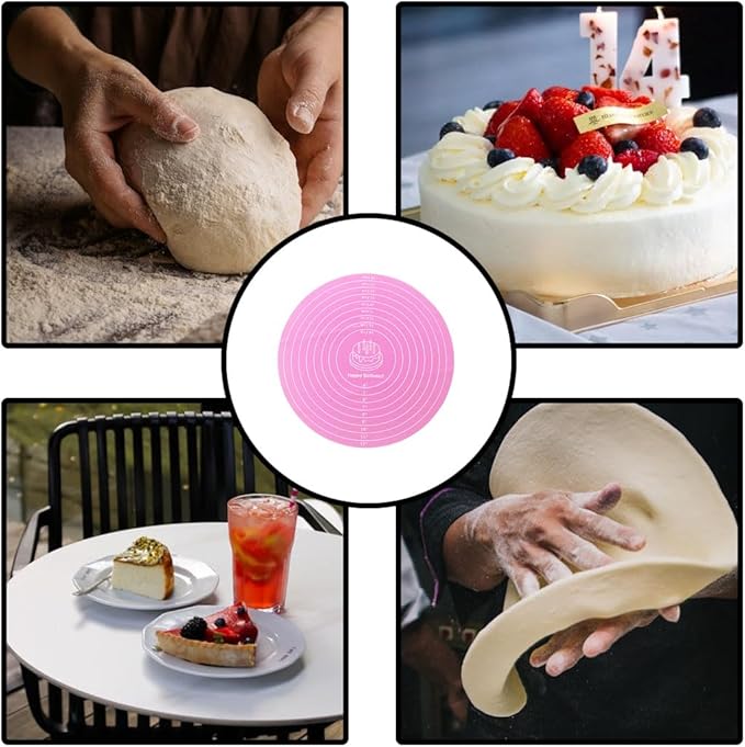 Round Baking Mat, Cake Turntable Mat, Cake Mat Round Silicone Baking Mat, 12 In Pink Cakes Pastry Mat for CakeTurntable Bracket