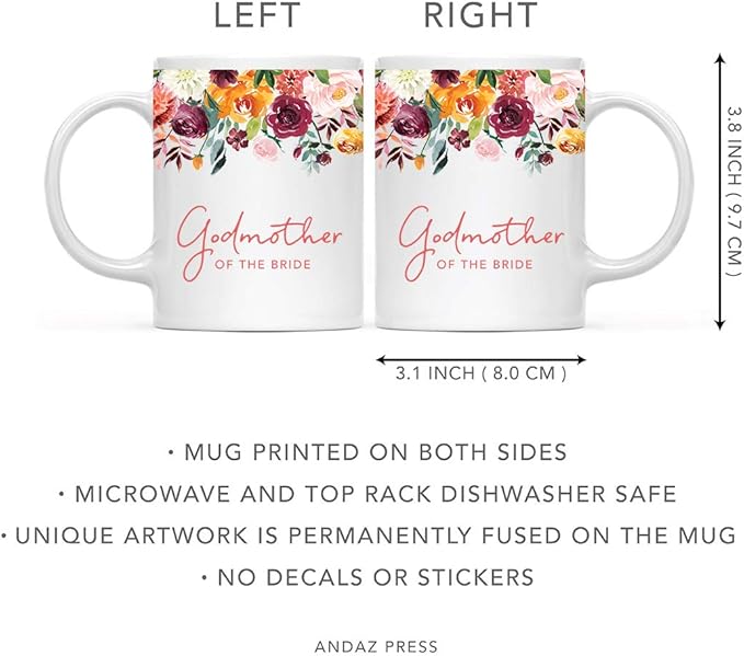 Andaz Press 11oz. Wedding Ceramic Coffee Tea Mug Gift, Fall Autumn Burgundy Orange Peach Flowers Roses Florals, Godmother of the Bride, 1-Pack, Includes Gift Box