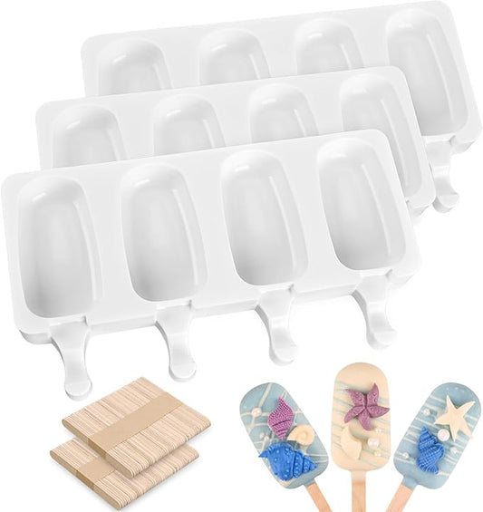 Sakolla Small Popsicle Silicone Molds, 4 Cavities Homemade Ice Cream Molds with 100 Wooden Sticks for Ice Pop, Cakesicles, Cake Pop (Set of 3, White)