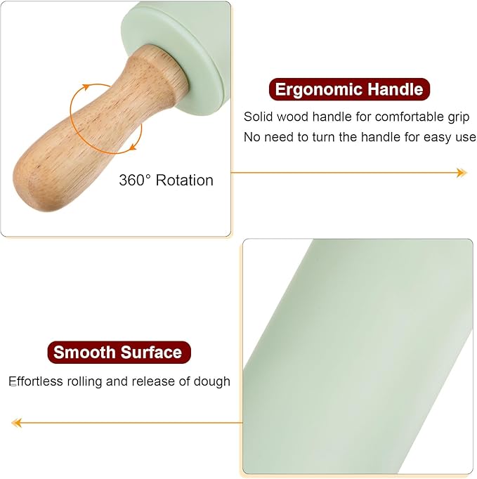HARFINGTON Silicone Rolling Pins for Baking 9 Inch Wooden Handle Non Stick Rolling Pin Small Roller Playdough Rolling Pins for Dough Pizza Pastry Fondant Kitchen, Light Green