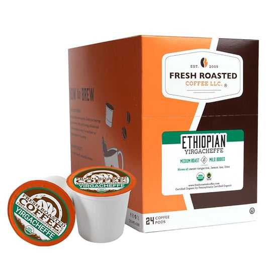 Fresh Roasted Coffee, Organic Ethiopian Yirgacheffe | USDA Organic, Mold & Myco 3rd Party Tested, Kosher | 24 Pods for K Cup Brewers