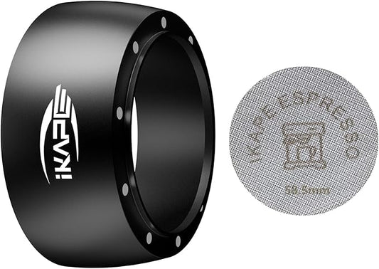 IKAPE Magnetic Dosing Funnel Set, 58MM Espresso Dosing Ring & Puck Screen Kit Compatible with 58MM Bottomless Portafilter - with 10 Small Magnet (Black)