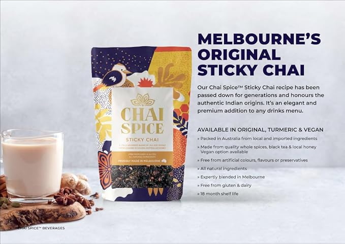 Chai Spice Turmeric Sticky Chai - 250g 16 Serves 100% Natural Whole Spices Chai Tea | Sugar Free | Gluten Free | No Additive Syrups | Concentrates or Preservatives