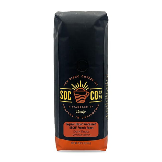 San Diego Coffee Organic French Roast DECAF, Dark Roast, Whole Bean Coffee, 16-Ounce Bag Café en grano tostado descafeinado